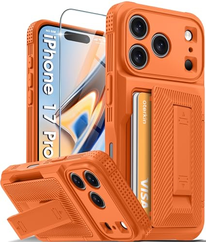 Oterkin for iPhone 17 Pro Case Wallet, Built-in Card Holder (4-5 Cards) & Kickstand, [RFID Blocking][9H Screen Protector][Full Camera Protection] Rugged Silicone Phone Case for iPhone 17 Pro, Orange