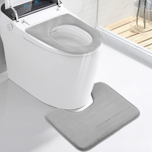 KIKAWORD Absorbent Toilet Mat Set, Non-Slip U Shape Pedestal Mat Bath Mat, Extra Soft Fluffy Coral Fleece Toilet Rug, Machine-Washable, Quick Dry, 50 X 40 Cm, Gray, With A Toilet Seat Cover