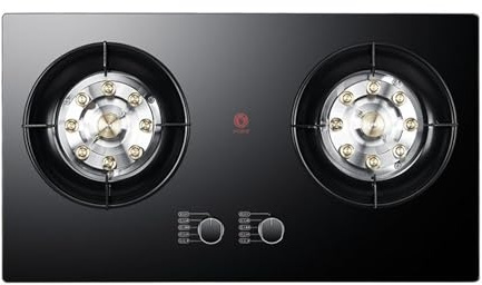 Fornello a gas con 2 fuochi da 5,2 kW, 9 cavità, testa per stufa wok, piano di lavoro in vetro temperato nero con protezione anti-fiamma per cucina domestica (GPL)