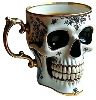 Royal Skull Coffee Mug,Gothic Porcelain Tea Cup with Gold Trim, Skull Coffee Mug Halloween Gifts, Great for Coffee Lovers and Collectors (A)