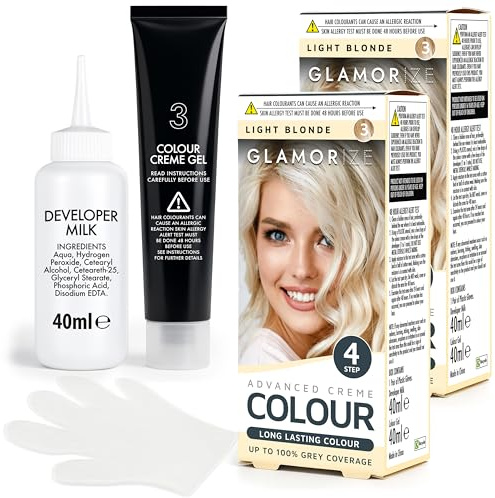 Glamorize 2pk 4 Step Advanced Creme Colour Light Blonde No. 3 – Long Lasting with Up to 100% Grey Coverage, No Bleach Permanent Hair Dye, Bright & Luminous Shade for Women