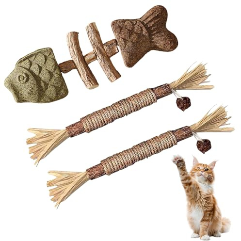 ARYIMYDP 3 Stück Katzenminze Kaustäbchen für Katzen, 1x Fischform und 2x mit Matatabi Früchten, Dental Care Spielzeug gegen Zahnstein und Mundgeruch, Beruhigendes Kauspielzeug zur Stressreduzierung
