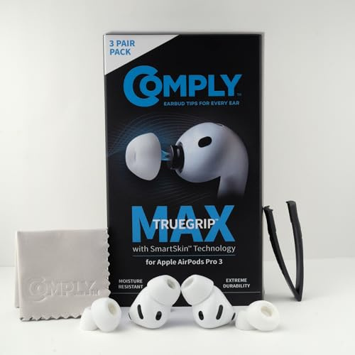 Comply TrueGrip MAX | Premium minnesskum ersättningsöronproppar för Apple AirPods Pro (3 generationen) | SmartSkin-teknik | utmärkt bullerisolering | vit, storlek L, 3 par