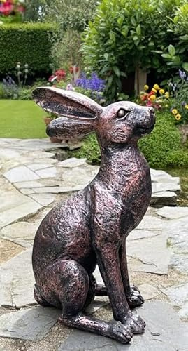 Bronze Effect Alert Hare Garden Ornament, Single Resin Rabbit Figure | Upright listening wildlife sculpture. Durable outdoor lawn sentinel. Countryside home shelf display accent.