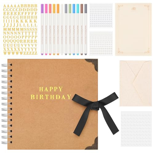 Czlotyh 8 x 8 Inch Birthday Guestbook Scrapbook DIY Happy Birthday Photo Album Guest Book Sign with Pens, Envelope, Letter Paper, Pearl Stickers, Metallic Letters
