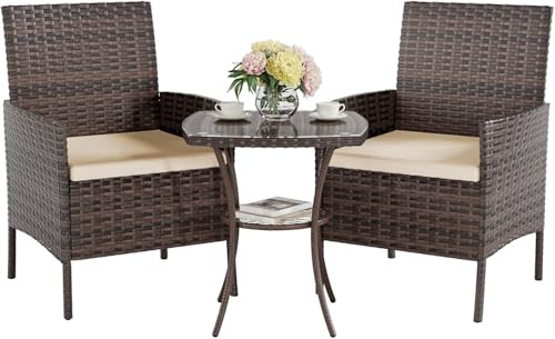 UDPATIO Salon de Jardin Exterieur 2 Fauteuils avec Coussin et 1 Table Basse en Verre trempém, Canapé de Jardin en rotin pour Le Jardin et la terrasse, Marron