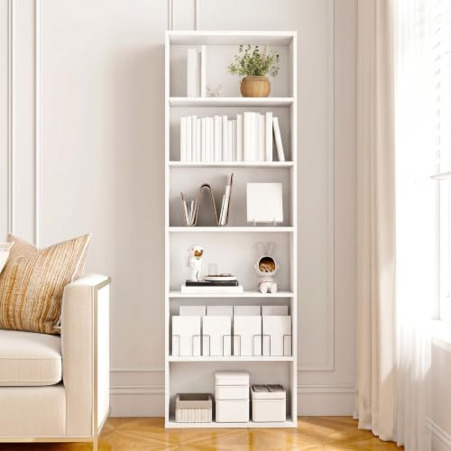 Levede 6-Tier Bookcase, Tall Bookcase, Wooden Bookcase, Modern Open Storage Shelf for Home and Office, 178.5 cm Tall, White