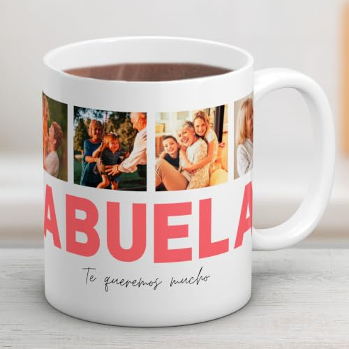 Cristal Plaque Taza Personalizada Abuela con 4 Fotos y Texto | Taza Cerámica con Fotos | Regalo de Nietos, Cumpleaños, Navidad o Día de los Abuelos