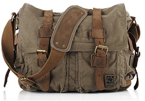 Sechunk Vintage Militär Leder Umhängetasche Canvas Laptop Tasche Retro Messenger Taschen (Armee Grün, Large-17‘’)