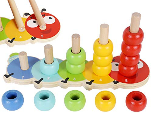 Toys of Wood Oxford Stapelturm Holz für Baby und Kleinkind - Schönes Caterpillar-Zählspiel Stapelringe Holz mit 15 Ringen-Puzzle Sortieren Holzspielzeug ab 1 Jahr Babygeschenk- Motorikspielzeug