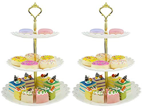 Hetoco 3-tier Gold Plastic Dessert Stand Cake Stand Cupcake Stand Holder Serving Platter for Party Wedding Home Decor - Set of 2