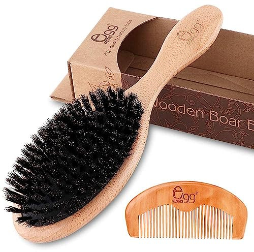 BLACK EGG Boar Bristle Hair Brush for Women Men Kid, Soft Natural Bristles Brush for Thin and Fine Hair, Restore Shine and Texture, Set includes Bamboo comb and 3 hair ties, Excellent Gift Idea
