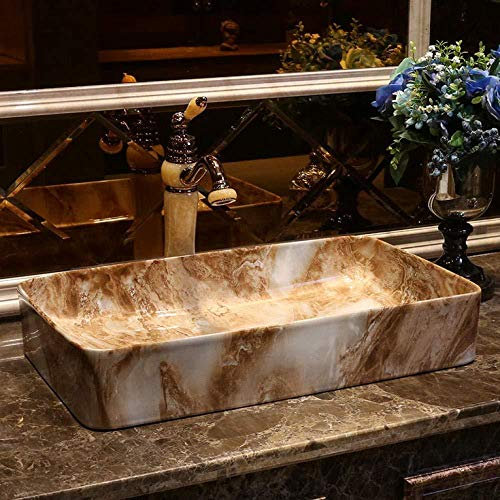 Wieoc Vasque à poser Porcelaine Chine Art Classique Comptoir Hôtel Salle De Bains En Céramique Lavabo Art Évier Brun Rectangulaire