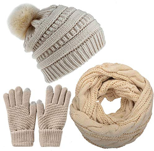 CheChury Gorro Bufanda de punto Guantes Mujer Moda Invierno Set de Bufanda y Gorro de Pompón Suave y Cálida Caliente Guantes de Pantalla Táctil Regalo de para Mujer,Beige,talla única