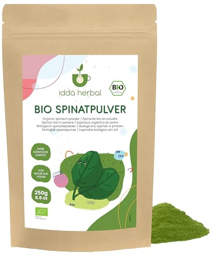IDDA Herbal Spinatpulver BIO 250g, Spinat Blätter gemahlen | Spinat Pulver zum Kochen oder Färben, ideal für Suppen, Soßen, Smoothies, Pasta & Backwaren