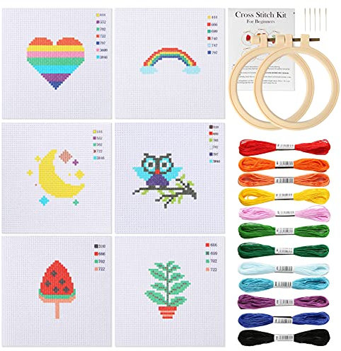 Pllieay Kreuzstich Anfänger Set für Kinder, Stickerei Set enthält 6 Projekt-Kreuzstichmuster und 2 Stickrahmen Ring,12 Knäuel, Nadelspitzen-Starter-Set mit Anleitung (evtl. Nicht in Deutscher Sprache)