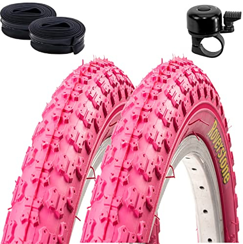 2 x Roverstone 20 Fahrradreifen Fahrradmantel Pink 54-406 (20 x 2,125) + 2 Schläuche AV inkl. Fahrradklingel