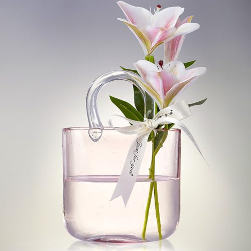 Lei-JG Thickened Glass Purse Vase for Flowers Gift Set-(Handmade 5mm Crystal-Unique Cute Clear Bag Vase with Reinforced Gift Box, Premium Table Centerpiece for Wedding/Mothers Day (Light Pink)