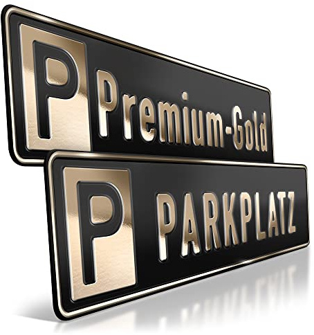 1 Premium Parkplatzschild | Gold auf Schwarz | Wunschtext | Aluminium | Bis zu 14 Zeichen | Privat-Parkplatz | Parkplatz-Kennzeichen | Stellplatz Kfz Kennzeichen | Parkverbot | 520 x 110 mm