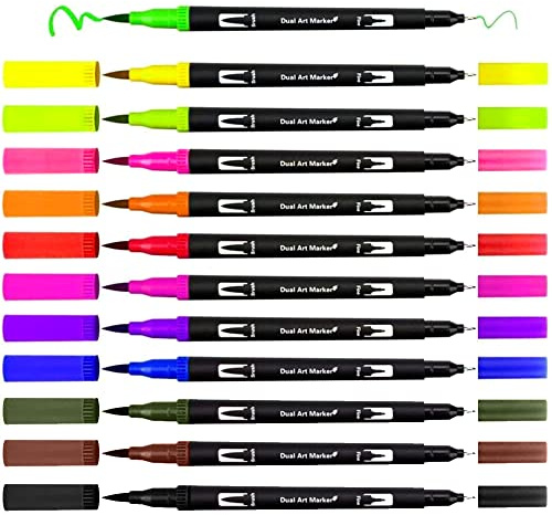 Filtpennor tjocka och tunna 12 färger dubbla penselpennor set penselpennor för bullet journal, målarböcker, textning, manga kalligrafipennor för filtpennor barn och vuxna
