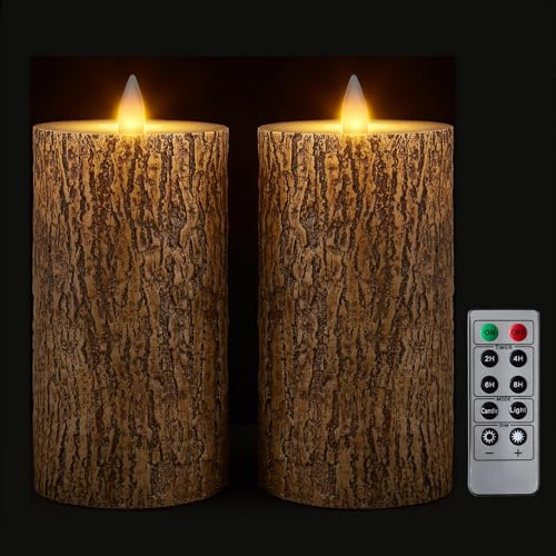 CozierGlow Brown Bark Wax Flameless Pillar Candles with Remote Timer, 3D Moving Flame Led Candles up to 400 Hours with 2AA Batteries, Set of 2(3''x6''), Remote Included (Brown).