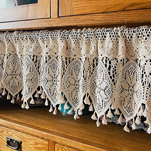 A.Monamour Gardine Scheibengardinen Kurzstores Beige Baumwolle Häkeln Hohl Stricken Florales Muster Boho Chic Vorhang Kurzgardinen Küchenvorhang Küche Vorhang Fenster Kurz Stores Bistrogardine