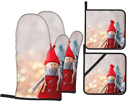 EVANEM Ofenhandschuhe und Topflappen 4er Set BBQ Handschuhe Weihnachten Wichtel rutschfeste Ofenhandschuhe Hochhitzebeständige Kochhandschuhe für Küche Backen Kochen Unisex Einheitsgröße