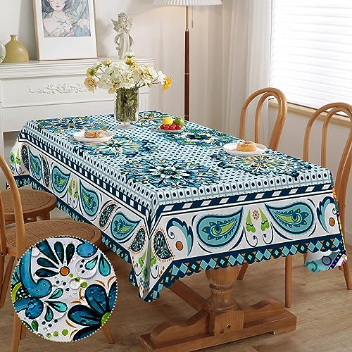 iEvery Tovaglia rettangolare per esterni, stile boemo, antimacchia, facile da pulire, lavabile, resistente alle intemperie, per giardino, cucina, tavolo da pranzo, feste, 110 x 140 cm