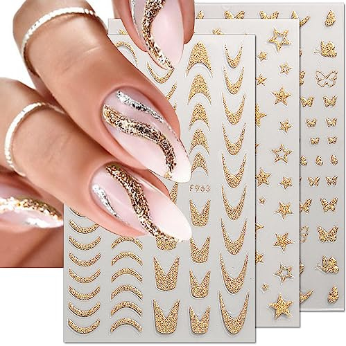 8 Blätter French Nails Nagelsticker Selbstklebend Nagelaufkleber Glitzer Gold French Nail Sticker Schmetterling Stern Nagel Stickers Wellen Linien Nagelfolie Nail Art Stickers Nageldesign Zubehör