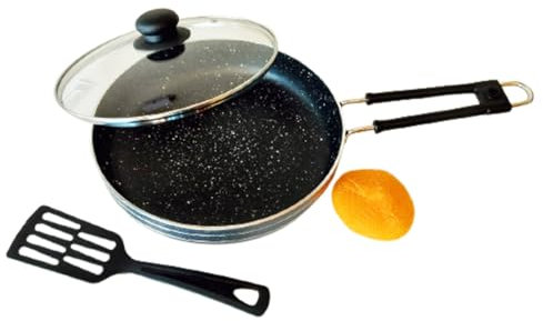 Satre Online och induktionsstekpanna för marknadsföring med glaslock, aluminiumstekpanna, non-stick, nitad handel – svart