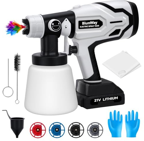 BlumWay Farbsprühsystem Elektrisch, 1L HVLP Elektrische Farbspritzpistole, 4 Kupferdüsen mit Knopf zum Einstellen der 180° Sprühbreite, zum Streichen von Möbeln, Decken, Zäunen, Schränken, Wänden