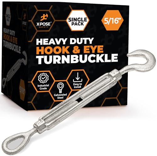 Xpose Safety 5/16 Hook and Eye Turnbuckle - Heavy Duty Galvanized Steel Turn Buckles - Turn Buckle Tensioner for Cables, Tension Wire, Rope, Shade - Adjustable Turnbuckle Hook and Eye 1 Pack