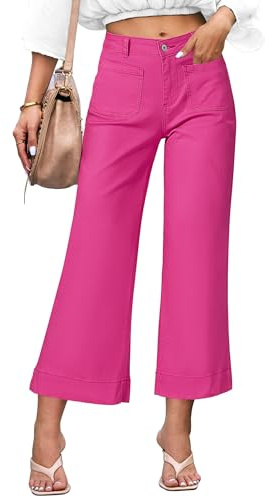 Luvamia Hot Pink High Waisted Wide Leg Flare Jeans for Women, Size 12-14, Casual Jeans with Stretchy Denim Fabric, 26 Inch Inseam