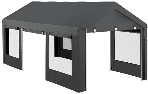 Outsunny Carport, ca. 6 x 3m Partyzelt, höhenverstellbar Autogarage, Autoüberdachung mit 4 Netzfenstern, 4 Türen, für Auto, LKW, Stahl, Dunkelgrau