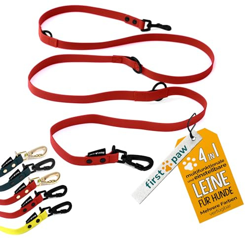 FIRSTPAW Hundeleine - Wasserdicht Trainingsleine für Hunde - 2m Doppelleine - Rote Hundeleine für Klein, Mittelgroße und Große Hunde - Multifunktionelle und Verstellbare Leine Hund