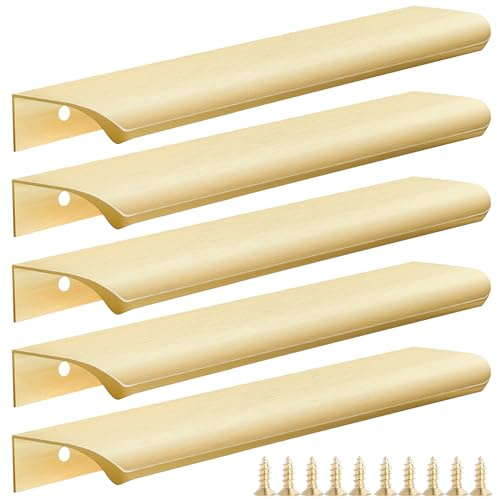 Malimali 5 Pack Gold Kitchen Cupboard Handles - 200mm Finger Edge Pulls for Cabinets and Drawers, Modern Aluminum Wardrobe Door Handles, Brushed Brass Bathroom Cabinet Pull