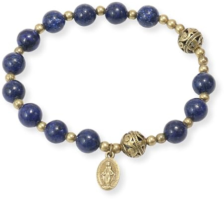 Nazareth Store - Pulsera con abalorio de piedra con separadores de metal y medalla católica, joyería de muñeca duradera y elegante, Flexible, Acero aleado, Sin piedra preciosa