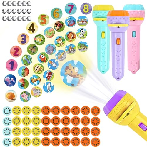 Lot de 4 lampes de poche pour enfants, projecteur de diapositives, jouet avec 80 motifs d'animaux, dinosaures, véhicules, fruits et chiffres, lampe de poche, cadeau