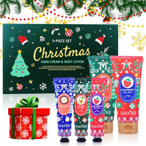 Kleine Handcremes & Body Lotion Weihnachts Set- LCDGTJ 5 Stück Travel Pack Duft Feuchtigkeitscreme für Trockene Hände & Körper, Geschenk für Männer Frauen Mutter Kollegen Kind Geburtstags Winter