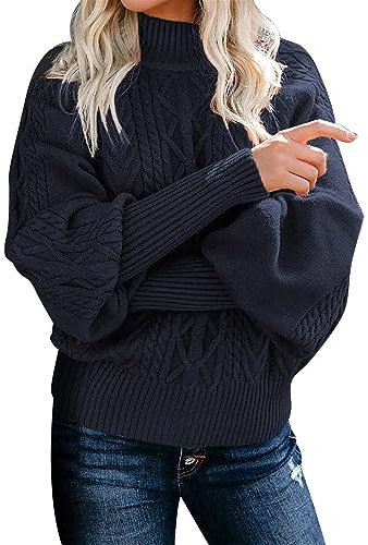 Lightning Deals of The Day Tunic Sweatshirt for Women Women's Winter New Mid Neck Loose Long Sleeve Knitted Solid Color Sweater Plus Size Wearhouses Clearance (Navy, XXXL)