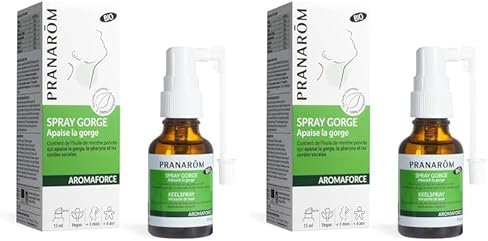 PRANARÔM - Aromaforce - Spray Gorge Action 3 En 1 - Aux Huiles Essentielles - Menthe Poivrée - Aide au soulagement de La Gorge - Vegan - 15 ml (Lot de 2)