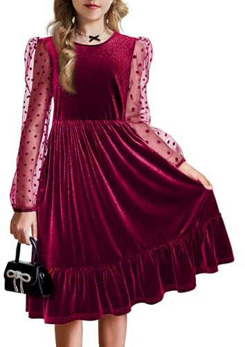 Arshiner Mädchen Kleid Kinder Samt Festliches Kleid Langarm Partykleid | Casual Einfarbig,Mesh Puffärmel,Rüschensaum,A-Line Abendkleid,Herbst Winter,Geburtstag,Halloween,Weihnachten,mit Tasche