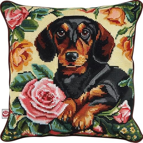 WallustrioaW Dackel Kreuzstichkissen,Tiere,Hunde und Blumen,Kreuzstickpackung vorgedruckt Sticksets Für Erwachsene,Anfänger,45x45cm Kreuzstichkissen/Stickkissen-Set