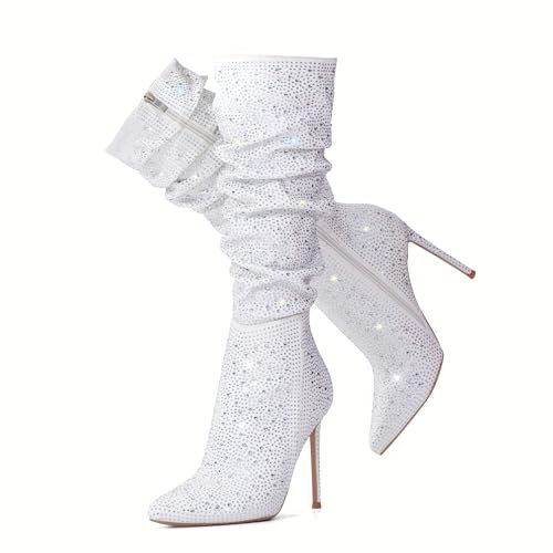 Zhabtuc Kvinnors Knä Stövlar Höga Stövlar i Fuskskinn Läder, 10 cm med Stiftklack och Spetsig Dragkedja, Eleganta Skor, Silver Strass, 38 EU