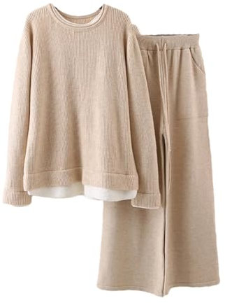 2-teiliges Strickset für Damen, Rundhalsausschnitt, langärmelig, Patchwork-Pullover, weites Bein, beige, Einheitsgröße