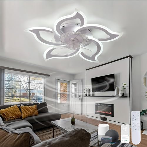 GODFSAHG Large Ceiling Fans with Lights Alexa LED Dimmable Fan Light Reversible Modern Remote Control Silent Ceiling Lights with Fan Bedroom 6 Speed Smart Flower Flush Mount-White||Alexa+APP+Remote