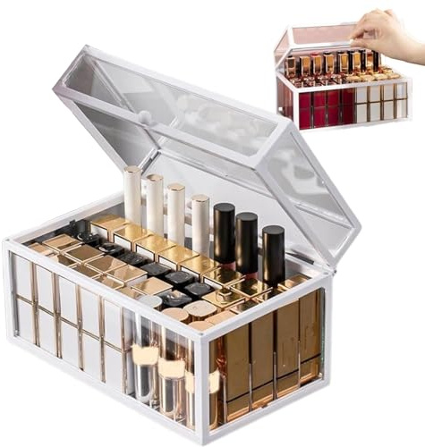 Organizzatore di rossetto, supporto per rossetto 9x5x5 contiene 40 rossetti, organizzatore di lucidalabbra in vetro trasparente, custodia per rossetti a prova di polvere e impermeabile con coperchio