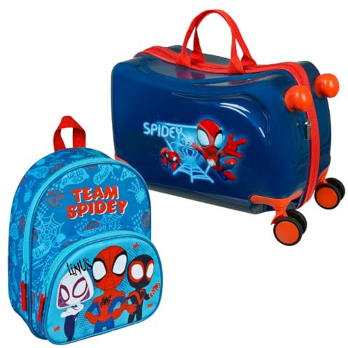 Undercover Kinderkoffer Ride-On Spidey, Koffer Set mit Kinderrucksack, Personalisiert mit Name, Trolley zum Draufsitzen, Handgepäck Reisekoffer