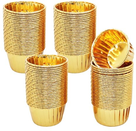 pson 100 pirottini da forno per cupcake, usa e getta, in alluminio metallizzato, per cottura al forno, feste, matrimoni, vacanze (oro)