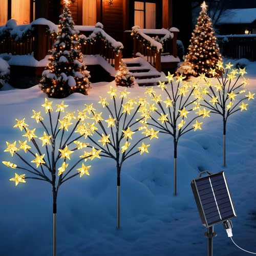 Ninonly Solarlampen für Außen, 4 Stück 80LED Stern Solarleuchten mit USB, 8 Modi Weihnachtsbeleuchtung Solar Zweige Aussen mit Fernbedienung, IP65 Wasserdicht Weihnachtsdeko für Garten Rasen Party